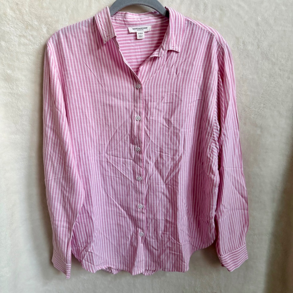Beach Lunch Lounge Sz S Pink White Stripe Button Down Shirt Oversized Relaxed
